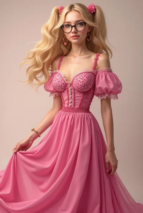 beautiful woman,  blonde with pigtails and with eyeglasses. Long pink and fuchsia dress. Un pò in carne