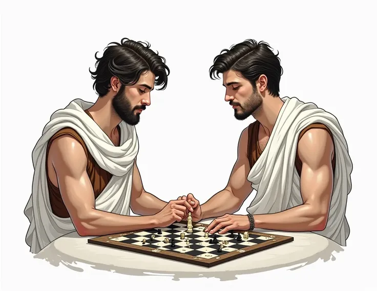  two young Greek men with black or brown hair are playing a board game
they dont have anything in their hands, theyre put on a table ,  dressed in Greek outfits
need,  needs to be drawn
you need ,  to have no background
colors must be soft black and white 