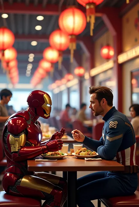 Create me an image of Iron Man and Captain America having dinner at a Chinese restaurant in a shopping mall 8k image