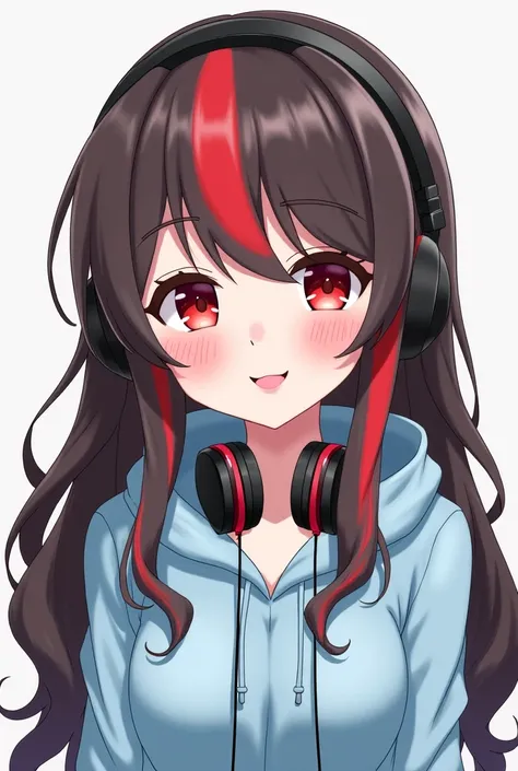 For your anime character, she would have long, loose hair with soft, voluminous waves cascading down, in a dark ash brown color with subtle highlights to add dimension. The striking red stripe would run through the hair, adding a bold and unique touch. Her...