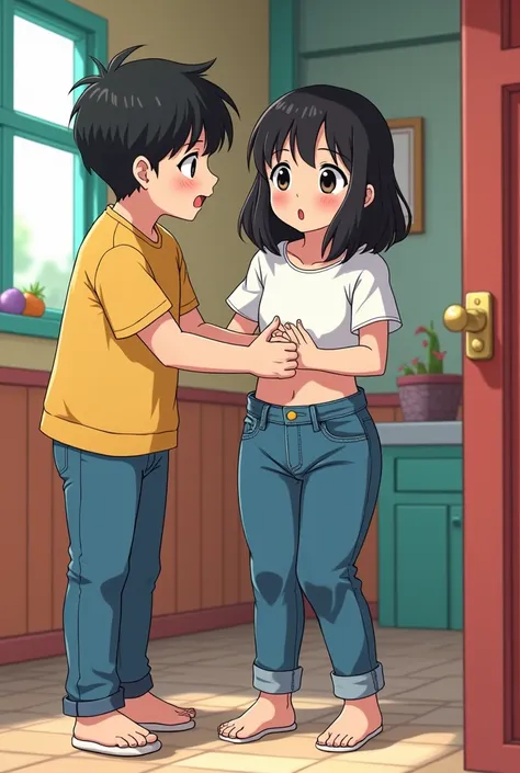 Boy struggling helping the girl putting on the girls high-waisted mom jeans. Im confused. unbuttoned unzipped peek getting dressed shirtless inside colorful playhouse anime style