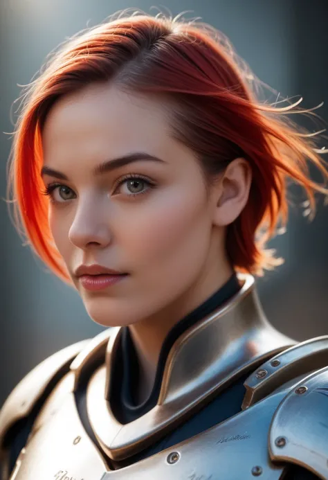 1 woman, bokatan, armor, red hair, battle pose, Photorealistic, Hyperrealistic, Hyperdetailed, analog style, hip cocked, demure, low cut, detailed skin, matte skin, soft lighting, subsurface scattering, realistic, heavy shadow, masterpiece, best quality, u...