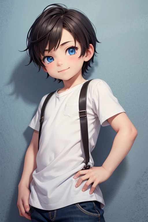 Little shota boy, cute face, short hairstyle, detailed body, normal clothes, blue eyes, smile, modern art, best quality, nice background 