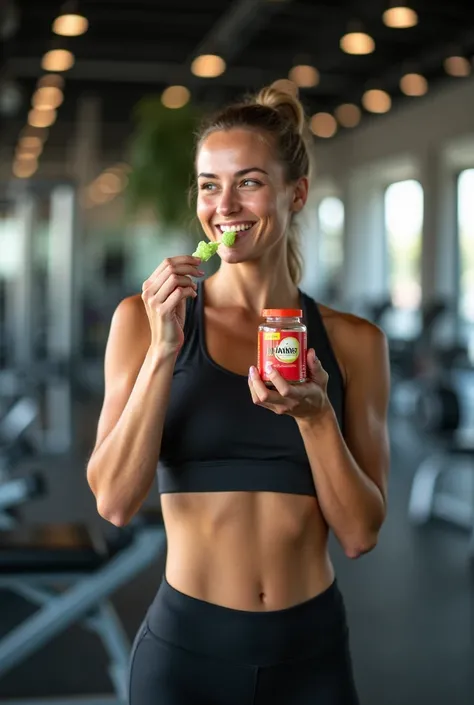 imagine a woman taking apple gummies in gym
