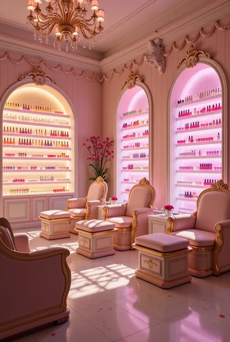  Imagine a nail spa with princess chairs and a wall full of nail polishes , that has 3 zones for hands and 3 zones for feet 