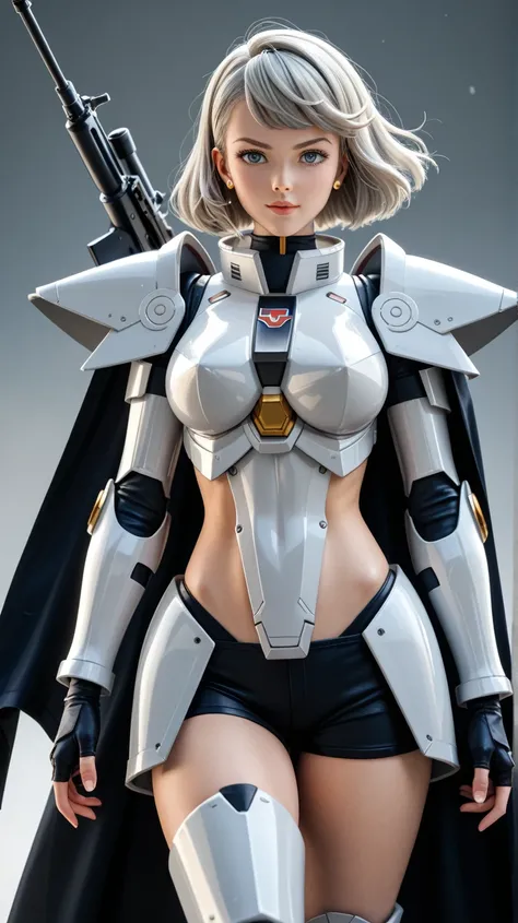 Gundam MK-II （ Eugo specification ） and a fusion of beautiful girls 、 camera angle above thigh、Steel Ring on the Neck 、 there is little skin exposure、 beam rifle on the right hand 、Shield in left hand、 light gray armor、 armor looks square 、anime、Background...