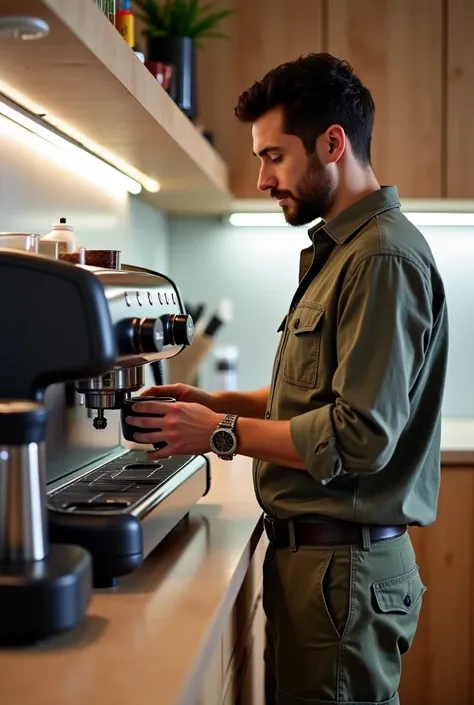  A real person in a modern kitchen environment , wearing stylish cargo pants ,  long sleeve folded shirt and accessories such as discreet necklaces and bracelets,  preparing coffee in a sophisticated machine ."