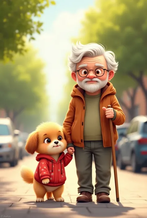 "An illustration featuring a small dog wearing a red polka-dotted hoodie walking alongside an elderly person. The elderly person has a kind expression, wears casual clothing, and holds a cane. The setting is a sunny urban street with blurred backgrounds of...