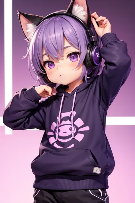 Little shota boy, cute face, thick hair, detailed body, clothes, purple eyes, headphones in the shape of cat ears, cute background, best quality. 