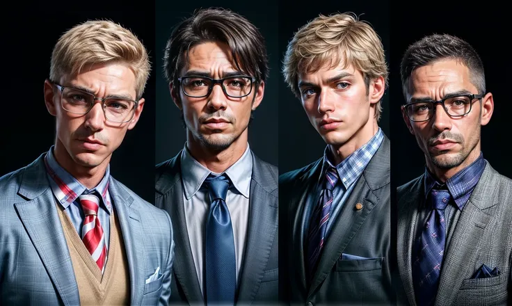 realistic, three men orientated in the very middle of the picture. (((three gorgeous adult male professionally-dressed school-teachers who have very different faces & appearances:1.5))). Math teacher, English teacher, Sports teacher. standing in a school c...