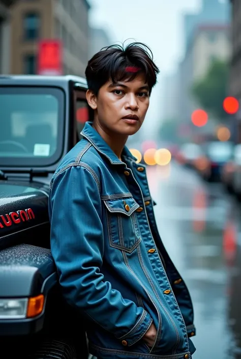 Photography studio, looking at the camera, focusing on the camera, a pure white, thoughtful and handsome Korean man wearing casual denim, while leaning on a Jeep Rubicon, in the rain, his shadow blends into the street scene, soft lighting emits a warm ligh...