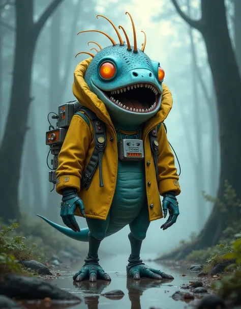 A digital illustration of a whimsical, anthropomorphic fish-like creature standing in a misty forest. The creature has a large, round head with prominent, glowing orange eyes and a wide mouth filled with sharp teeth. Its skin is a mottled blue with small s...