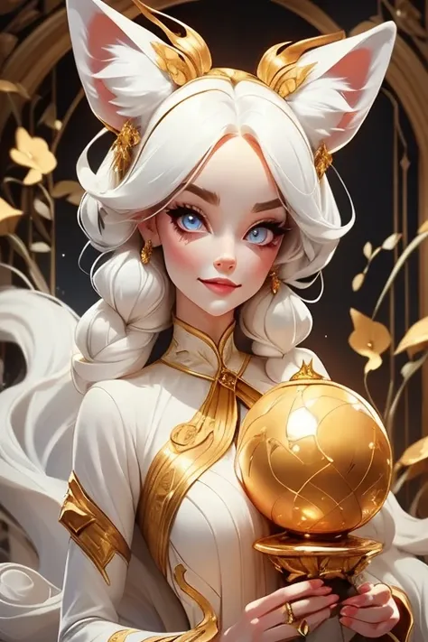 Perfect face. Perfect hands. A white haired woman with copper eyes and an hourglass figure with white fox ears and a white fox tail in a golden ballgown is smiling while leaning forward in a Gothic ballroom
