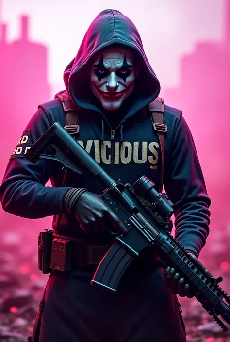 Create image of worrier charector with  joker mask also with hoddy in battlefield write vicious on it with glacier m416 gun aiming  half image in neon lights and pink wear fighting cloths