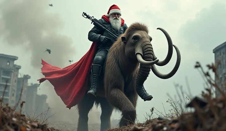 A close up black soldier dressed as Santa Claus riding a mammoth with an am4 a1 rifle pointing at an enemy in Warzone