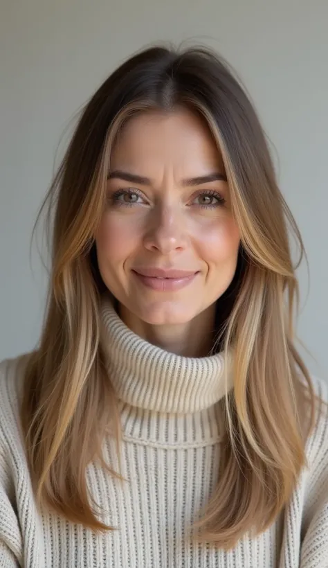 A 38-year-old woman with straight hair, wearing a high-neck sweater, posing in front of a neutral studio background.