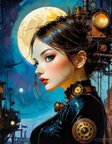 sexy girl in a steampunk futuristic theme, night, moon, detailed futuristic world, ghibli colors, a post-impressionist style painting with vibrant colors and soft lighting effects, highly detailed, 8k, photorealistic, masterpiece, (art inspired in Bill Sie...