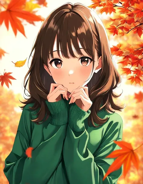 Yoshizuki Iori, girl, solo, brown eyes, sweater, brown hair,looking at viewer,leaf,autumn leaves,green sweater,long sleeves,upper body,bangs,autumn,sleeves below the wrists,long hair,medium hair,