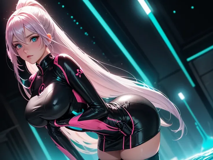 (masterpiece, best quality) detailed, 1girl,close, blue archive art style , wearing Black bodysuit, silver accents , zip up , futuristic, shiny , Beautiful woman , pale skin , ponytail, pink eyes, ,elegant, regal , pure aqua hair , solo, girl, water partic...