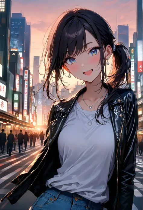 ( masterpiece,  best quality:1.3), ( A young woman , 19 years old, Alone, caucasian,  Black hair tied in a ponytail,  swept bangs , happy smile,  Open mouth, Blue eyes,  perfect eyes:1.1), ( black leather jacket ,  white t-shirt , slim silver necklace ,  s...