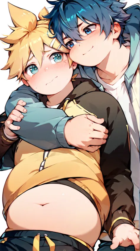  2boys, (yaoi couple), (male ren), (duo focus), hugging each other, Break, Kagamine Len, cute, hoodie, chubby body, belly button exposed, face blushed, embarrassed smile, Break, blue hair color, baseball jacket, round cheek