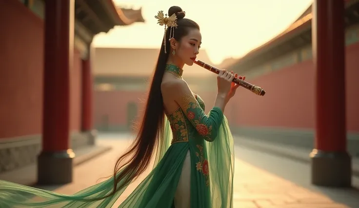 A serene Chinese woman stands in the heart of the Forbidden City, her silhouette framed by the grand, ancient architecture of vermilion walls and golden roofs. She holds a delicate bamboo flute to her lips, playing a hauntingly beautiful melody that drifts...