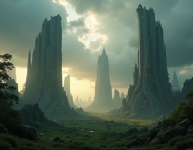 ruins of a lost city, futuristic Art Nouveau architecture, fragments of buildings, dilapidated skyscrapers, ruins of a city overgrown with grass and shrubs, thunderstorm, slanting rain, clouds, wind, sunset