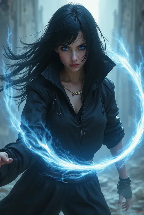 An image that represents the soul with a white fire and with a woman with Vibes as a trained assassin,  With black hair and blue eyes