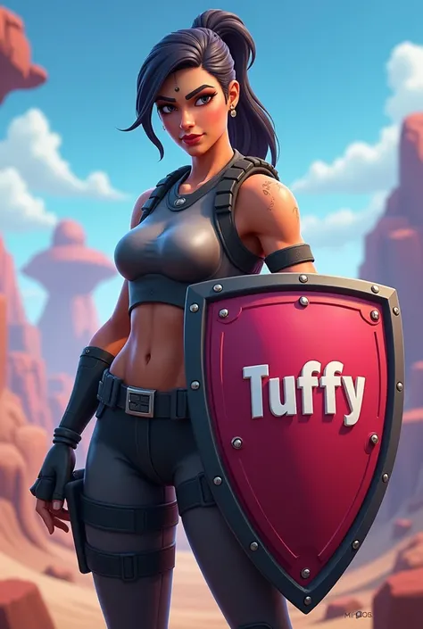  Make me a female Fortnite skin,  who has a shield in his hand , Where does it say Tuffy 