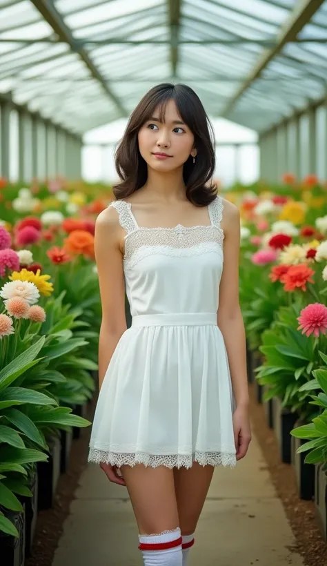 (((Ultra-realistic))) (((photorealism:1.2))), a Thai woman, beautiful, cute, with dimples, wearing a very short white cotton dress above the knee, the skirt is adorned with a ruffled lace trim at the bottom for a charming look, wearing white socks almost t...