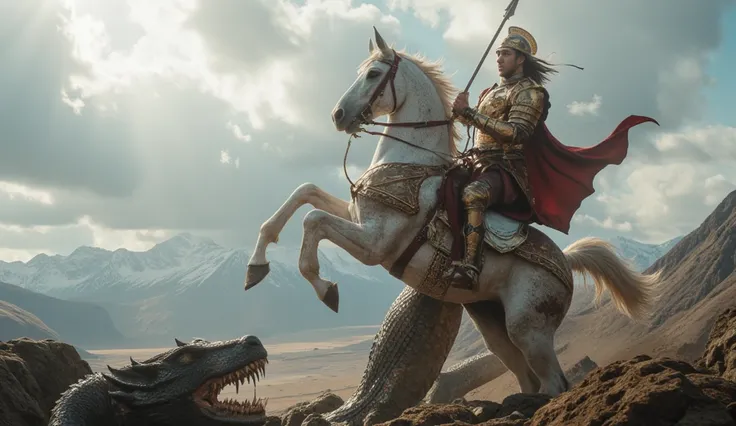 An 8K image of Saint George on a horse. The horse with its front legs raised high and Saint George with a spear piercing the head of a dragon.