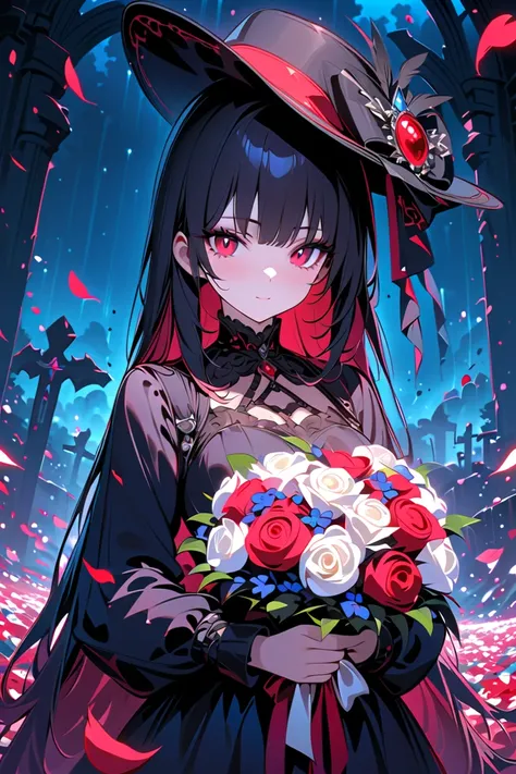 1girl,,face not visible,black Gothic dress,black hat,white bouquet,(holding white bouquet),standing,front,(black petals flying in profusion),Rain of petals,many petals,innumerable petals,petals floating in the air,Art Deco,Color Field painting,rococo style...