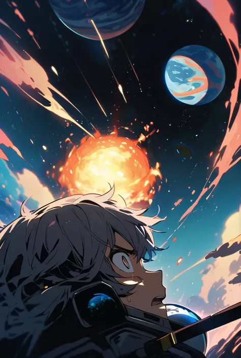 Two men with a frightened expression in space watching an exploding planet from afar 