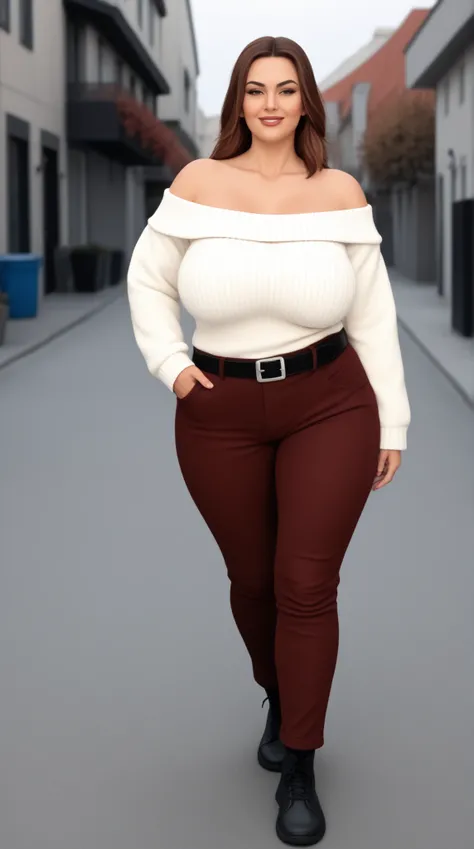 Woman, 27 years old, 1.96m tall. 125kg. Strong and curvy amazonian BBW. Very broad shoulders. Super long legs. Humungous breasts, slightly pointed bosoms. Wearing tight off the shoulder sweater, burnt ember sweater. Strong back, firm obliques. Rowers body....