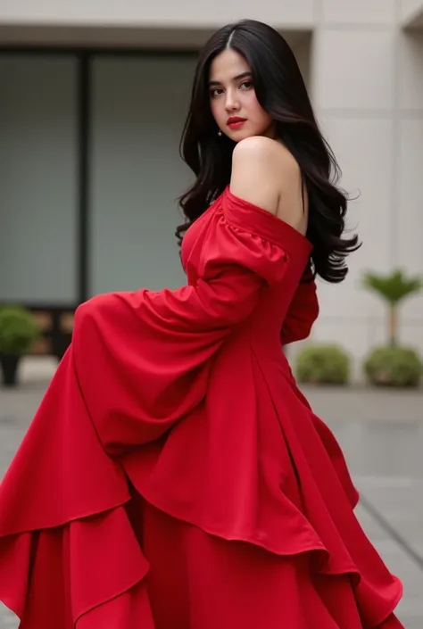 model photoshoot with beautiful red Christmas dress posing elegantly with big breast, long black hair and a simple outdoor background of a building UHD, photorealism 1.4, Ultra realistic