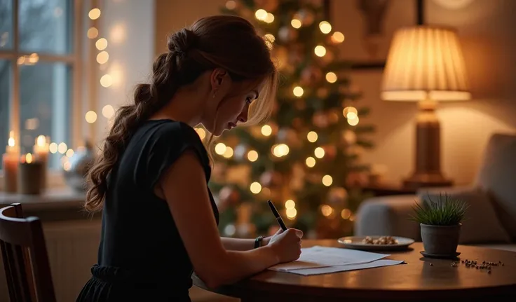 Russian woman with a brown braid in a modern dress sits at a table in a modern apartment and writes on paper with a pen, the night before the new year, the apartment is decorated in the New Year style, rear view, high realism