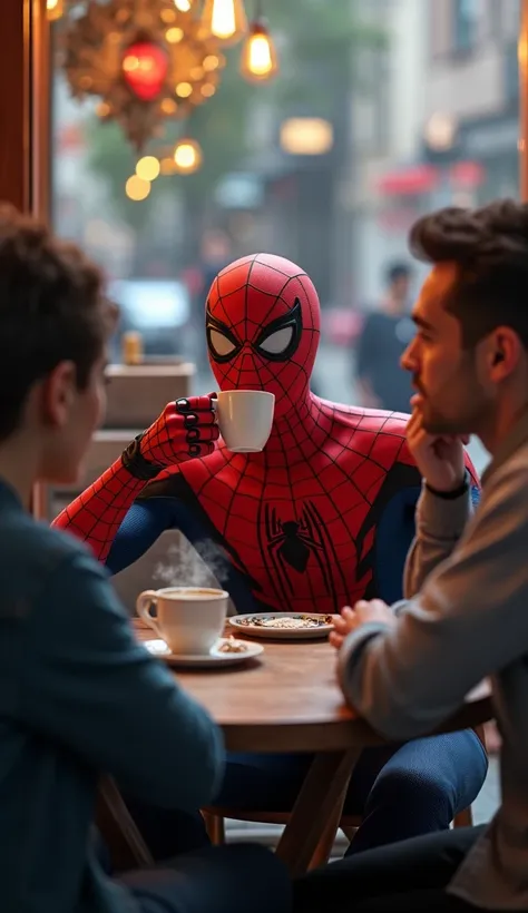 Spiderman,drinking coffee joins them.