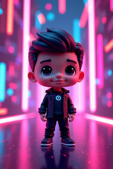 A pixer style boy in black clothes , neon computer background,3D,8k, Animation style