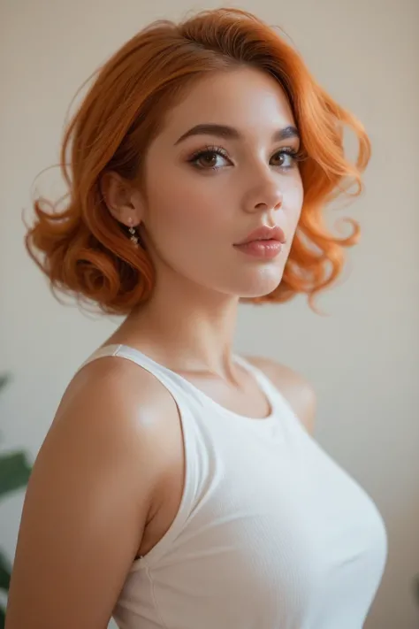  Woman with orange hair and the same color  , PIEL BLANCA, Big brown eyes, nose with pronounced hump  ,  slightly thick lips,  with small bust and wide back and hips.