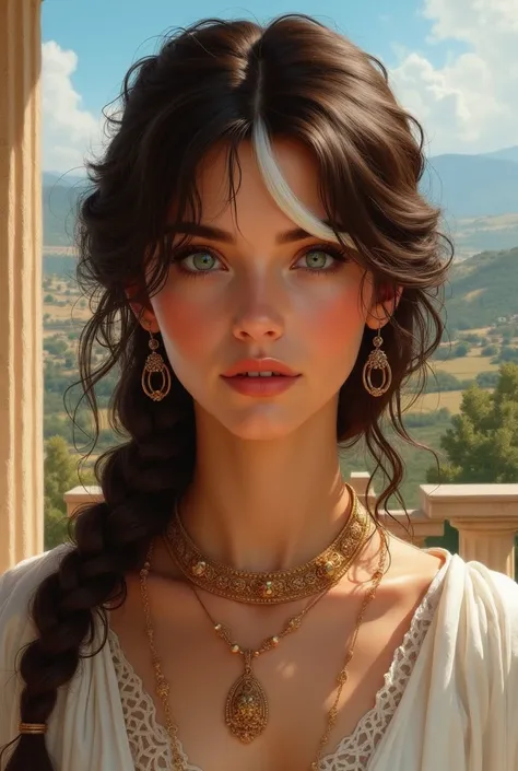  Create an image of a 25-year-old woman , dark brown hair with a white lock on the bangs and the bangs are on the side, blue-green eyes,  tanned skin , Mediterranean woman lives in ancient Greece 