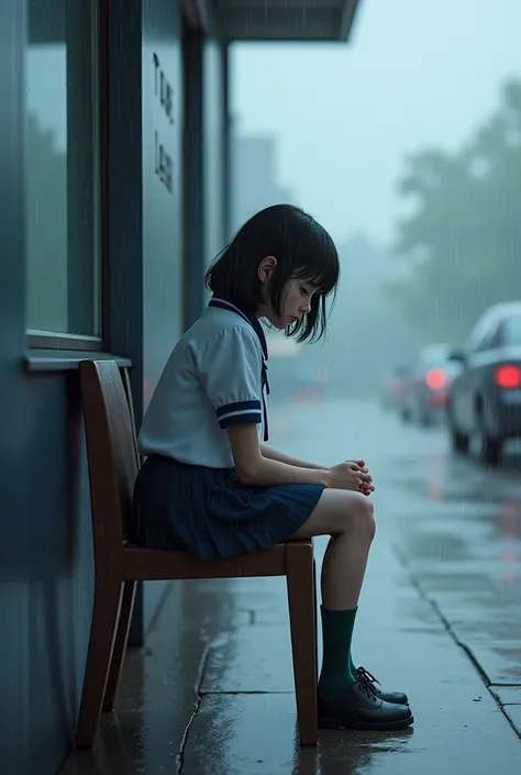 Shy girl sitting on the chair under the the rain wearing school uniform waiting for her cousin.