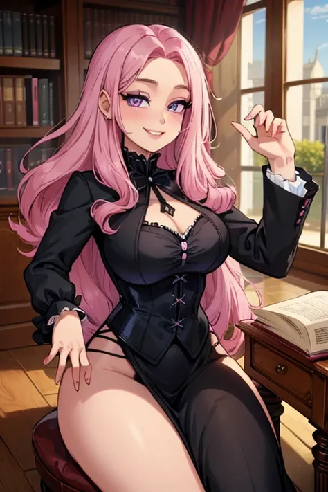 Perfect face. Perfect hands. A pink haired woman with violet eyes with an hourglass figure in a Victorian black suit is smiling in a library with a big smile