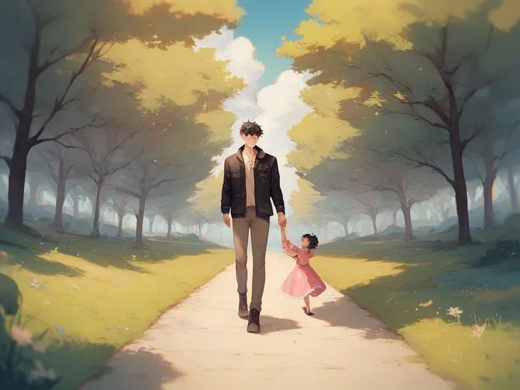 Create a female character with short black hair wearing a pink dress holding hands and walking in a field with trees of a male character with lenses wearing a black jacket with a cat on his shoulder