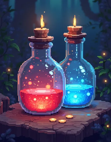 a ((( Pixel art ))) 3 poções de cores diferentes, health potion, mana potion, , shining softly, detailed  Pixel art , pixelated, vibrant colors, 8k,  intricate details,  volumetric lighting ,  dramatic shadows , Fantasy, magical,  Whimsical , beautifully r...