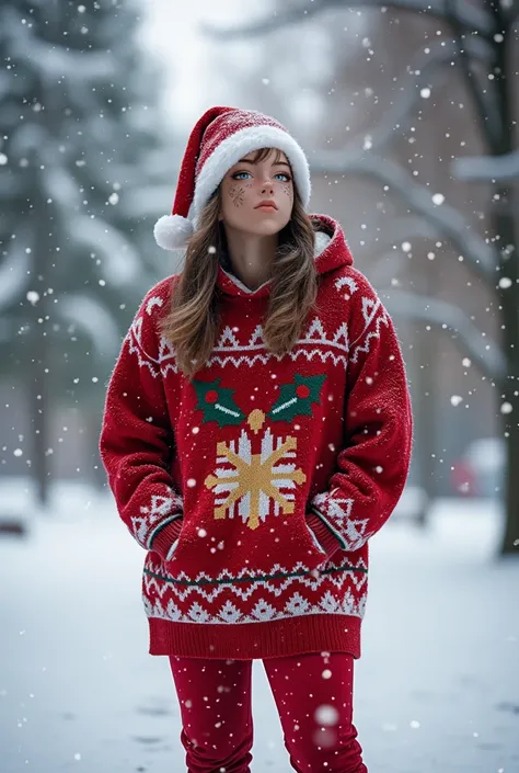 Wearing a Christmas attire and smiling in the snow 