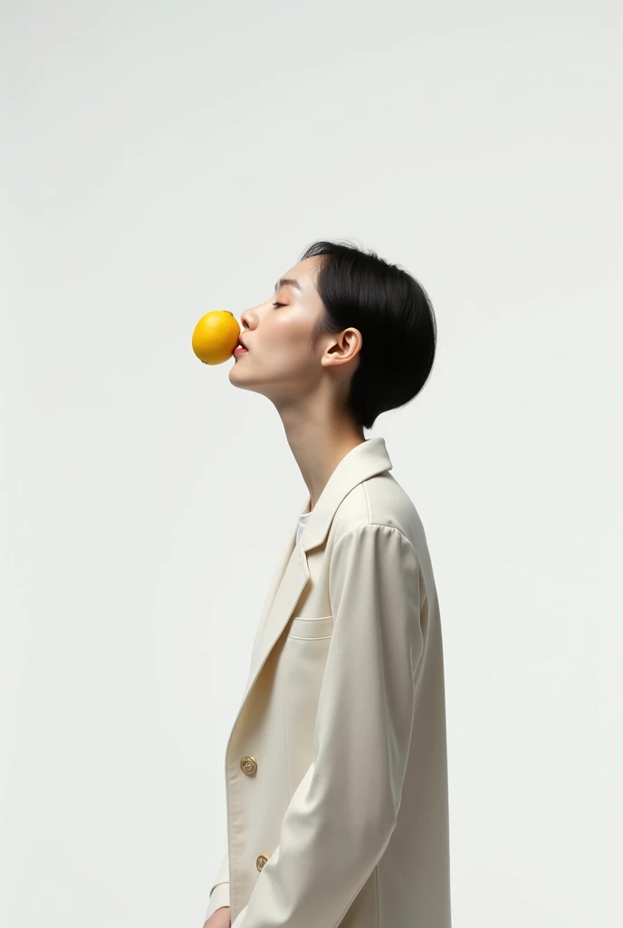 Make a person holding a lemon with their chin without the aid of their hands on a white background