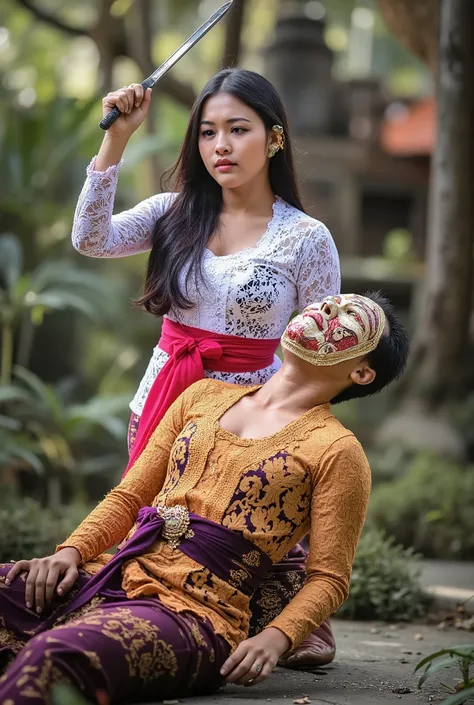 Nagita, Indonesia woman, woman kill male, woman cut throat male, woman knife, woman kebaya bali Indonesia, male full face mask, blood flowed freely down Male neck, woman black hair