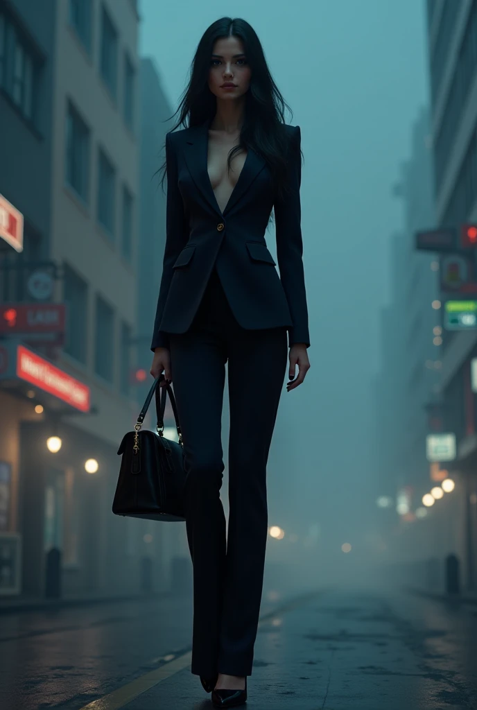 tall girl ,  long black hair , on heels, formal suit,  with foggy city background , At night  , skinny girl ,  slim girl ,  black pedicure  , black manicure , holding a bag  , black leather bag  