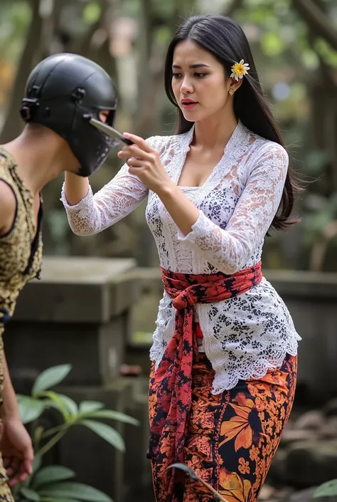 Nagita, Indonesia woman, woman kill male, woman cut throat male, woman knife, woman kebaya bali Indonesia, male full face mask, blood flowed freely down Male neck, woman black hair