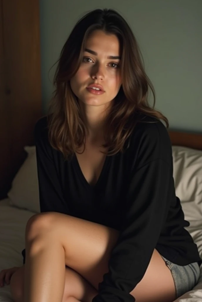 a selfie of a white brunette girl in black clothes. real image. poor quality.  Sitting on the bed wearing shorts , at night.  type of camera roll image . poor quality de imagem